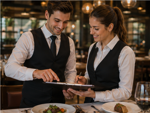 Marketingteam analysiert Werbemaßnahmen und Kundendaten für einen Gastronomiebetrieb.