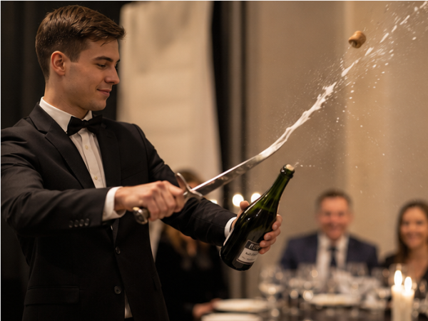 Kellner sabriert eine Champagnerflasche mit einem Säbel bei einer festlichen Veranstaltung