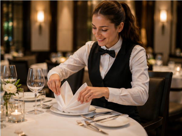 Servicekraft faltet eine Stoffserviette dekorativ für einen festlich gedeckten Tisch.