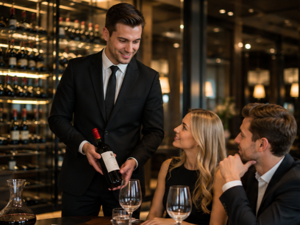 Sommelier präsentiert eine Weinflasche und berät Gäste bei der Weinauswahl im Restaurant.