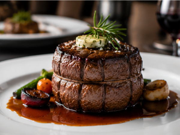 Gebratene Tournedos vom Rinderfilet auf einem Teller mit Gemüse und Sauce angerichtet
