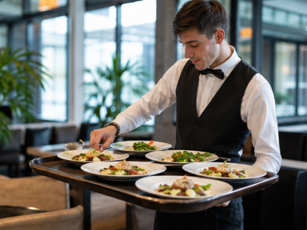 Servicemitarbeiter transportiert mehrere Teller mit einem Schlitten im Restaurantbereich