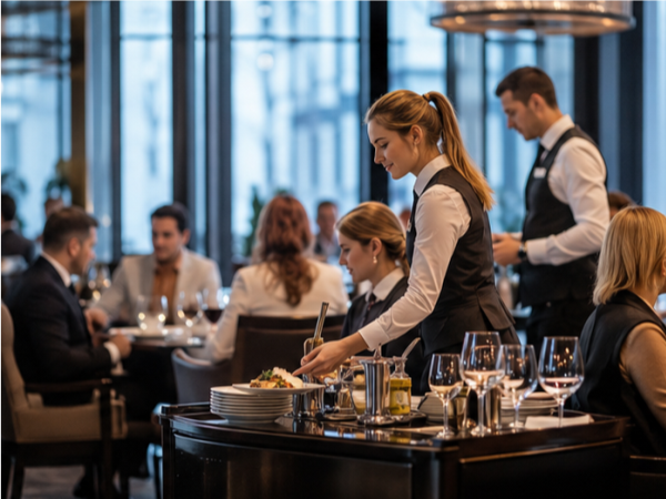 Servicestation in einem Restaurant mit Besteck, Servietten und Geschirr für den Gästeservice