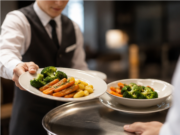 Servicekraft reicht einem Gast im Restaurant einen Teller als Gruß aus der Küche