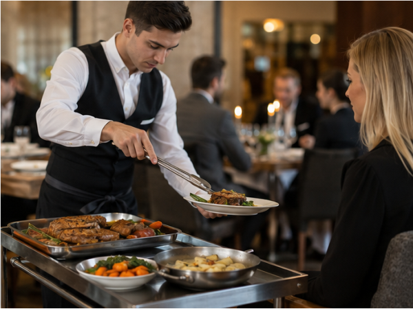 Verschiedene Servicearten in der Gastronomie mit Bedienung am Tisch, Buffet und Tellerservice im Restaurant