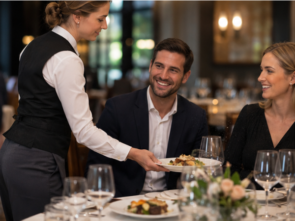 Servicekraft präsentiert verschiedene Serviermethoden beim Anrichten und Servieren von Speisen im Restaurant