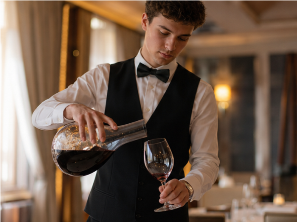 Sommelier dekantiert Rotwein aus einer Flasche in eine Karaffe im Restaurant