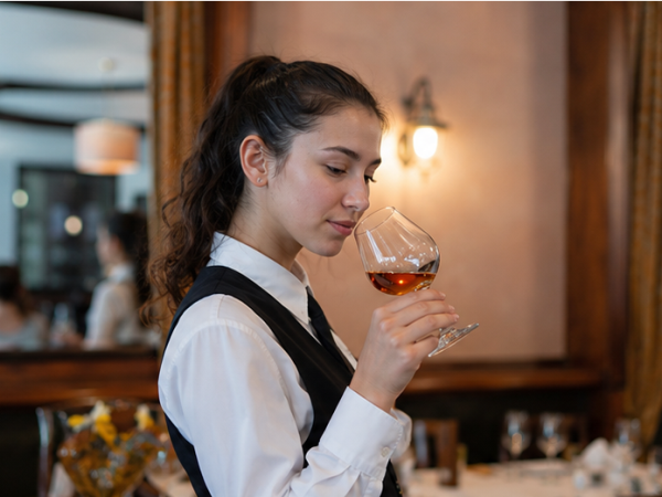 Glas mit Digestif nach dem Essen auf einem gedeckten Restauranttisch serviert
