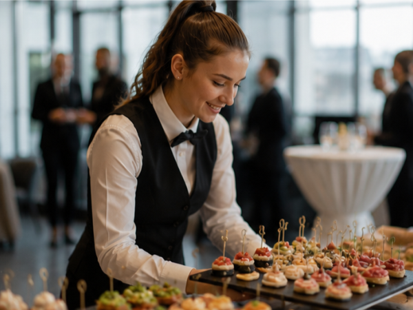 Verschiedene Fingerfood-Häppchen auf einer Platte bei einem Catering oder Empfang