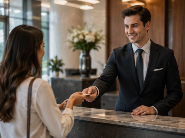 Elegantes Foyer eines Restaurants mit Sitzgelegenheiten, Empfangsbereich und stilvoller Beleuchtung.