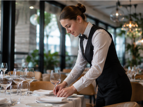 Servicemitarbeiter deckt einen Restauranttisch mit Besteck, Gläsern und Servietten ein