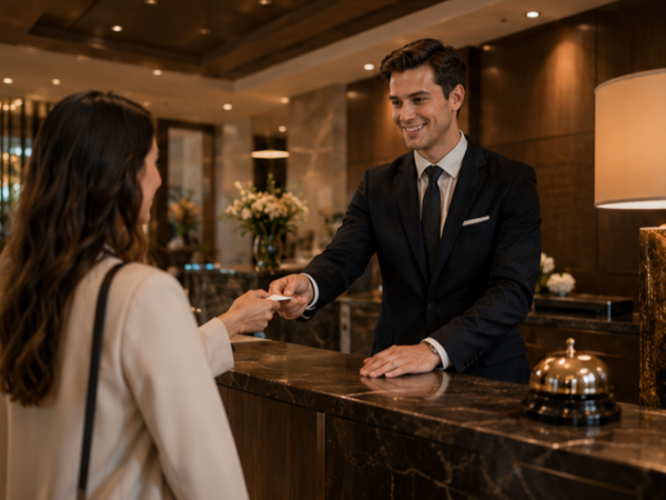 Geräumige Hotellobby mit Empfangstheke, Sitzbereich und einladender Atmosphäre.