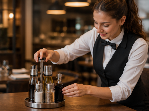 Menage mit Salzstreuer, Pfefferstreuer sowie Öl- und Essigspender auf einem Restauranttisch.