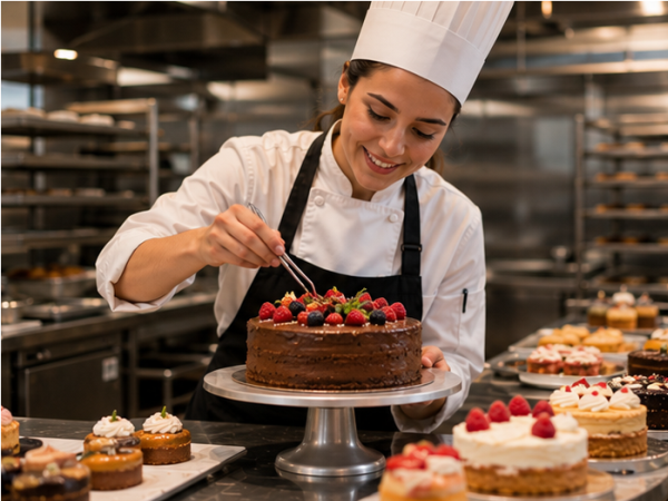 Pâtissier verziert kunstvoll Törtchen und feine Desserts in einer Backstube.