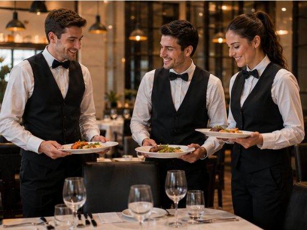 Servicekraft serviert Speisen mit einem am Tisch im Restaurant.