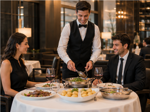 Servicekraft präsentiert ein Gericht auf einer Platte und portioniert es direkt am Tisch im Restaurant.