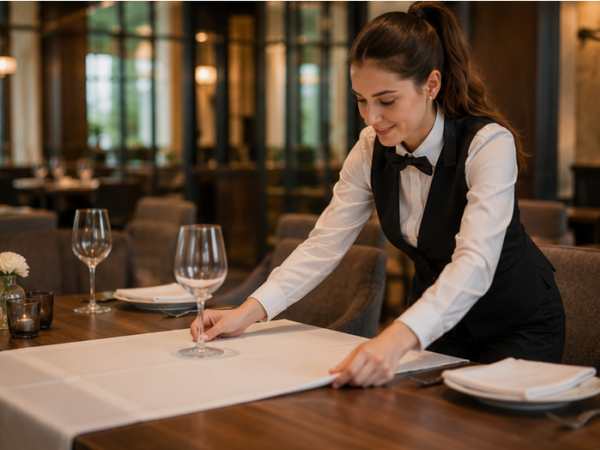 Festlich gedeckter Tisch mit dekorativer Mitteldecke als Blickfang in der Tischmitte.