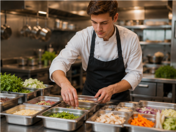 Sorgfältig vorbereiteter Arbeitsplatz in einer Restaurantküche mit Zutaten und Arbeitsutensilien.