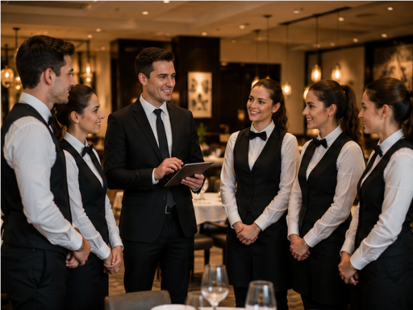 Organigramm eines Restaurants mit verschiedenen Positionen wie Service, Küche und Management.