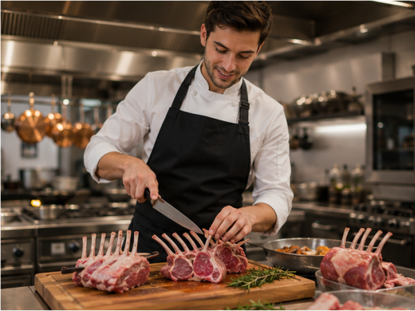 Zubereitetes Lammfleisch mit Kräutern und Beilagen auf einem stilvoll angerichteten Teller.