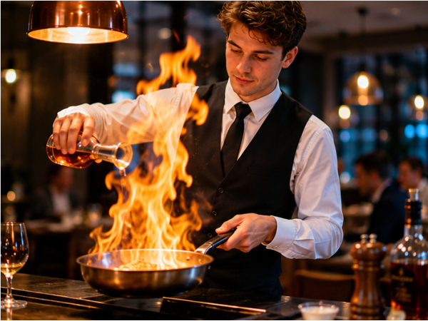 Service flambiert eine Speise in der Pfanne mit offener Flamme in einer Restaurantküche