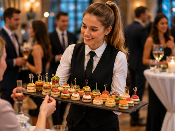 Servicekräfte servieren kleine Speisen auf Tabletts bei einem Flying Buffet auf einer Veranstaltung