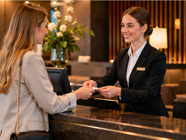 Mitarbeiter am Front Office begrüßt Gäste an der Rezeption eines Hotels
