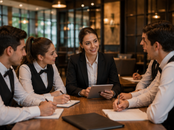 Mehrere Personen sitzen an einem Besprechungstisch und diskutieren gemeinsam während eines Meetings.