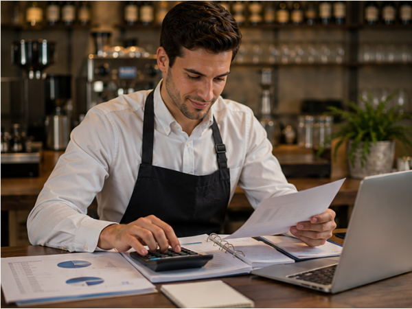 Person arbeitet mit Tabellen und Kalkulationen zur Kosten- und Leistungsrechnung in einem gastronomischen Betrieb.