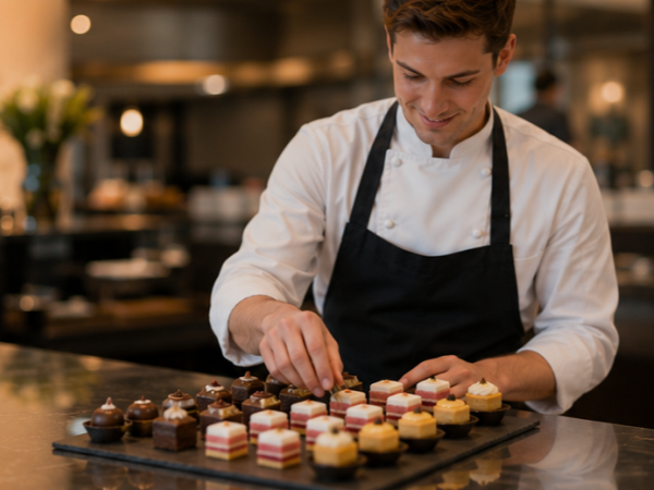 Auswahl verschiedener kleiner, kunstvoll dekorierter Petits Fours auf einer Servierplatte.
