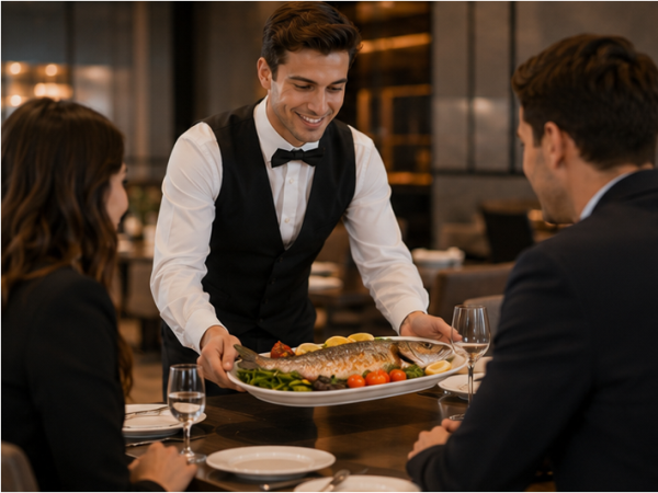 Servicekraft serviert eine große Platte mit Speisen direkt am Tisch im Restaurant.