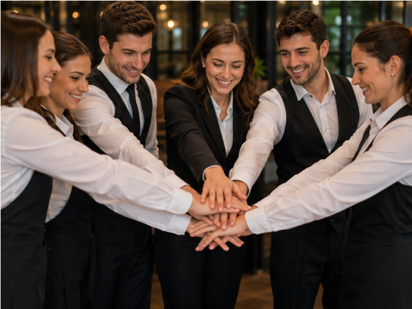 Gewerkschaftsmitglieder diskutieren Arbeitsrechte und faire Arbeitsbedingungen im Gastgewerbe.
