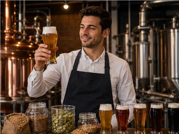 Gekühltes Bier in einem Glas mit Schaumkrone auf einem Tisch in einer Gastronomie.