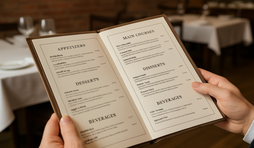 Ein Gast betrachtet aufmerksam eine Speisekarte im Restaurant und informiert sich über das Angebot in der Gastronomie.