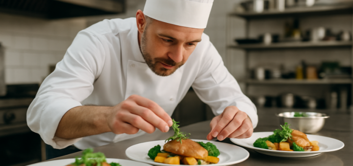 Koch richtet Teller mit feinen Garnituren wie Kräutern und essbaren Blüten kunstvoll an