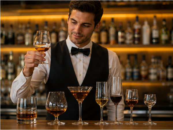 Auswahl verschiedener Spirituosenflaschen und Gläser auf einer Bar-Theke.