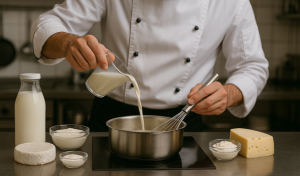 Verschiedene Milchprodukte wie Milch, Joghurt, Käse und Sahne in Schalen und Gläsern, bereit für den Einsatz in Gastronomie und Hotellerie.