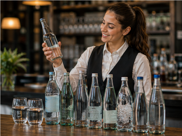 Glas mit klarem Mineralwasser neben einer Flasche auf einem gedeckten Restauranttisch.