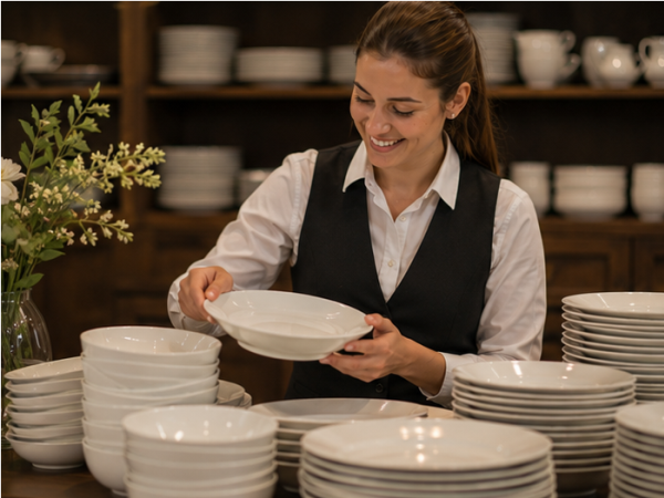 Hochwertiges Restaurantporzellan mit Tellern, Tassen und Schalen auf einem festlich gedeckten Tisch.