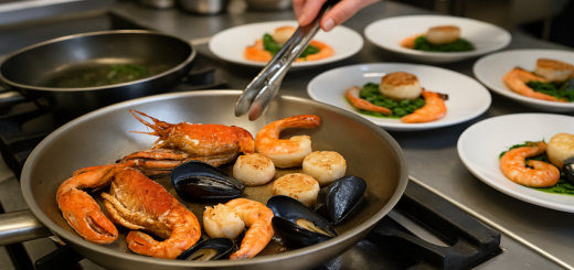 Frische Schalen- und Krustentiere wie Garnelen, Muscheln und Hummer kunstvoll angerichtet in einer Profiküche