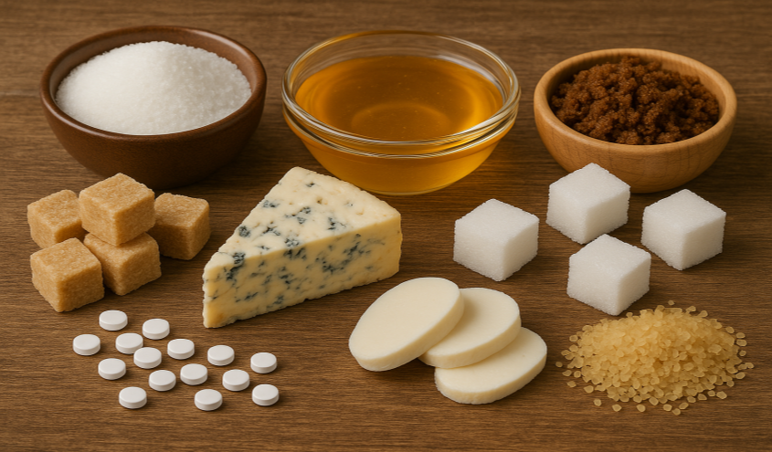 Verschiedene Zuckerarten und Zuckeraustauschstoffe in kleinen Schalen