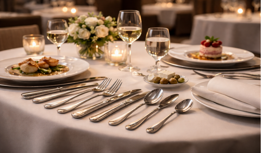 Hochwertiges Besteck elegant auf einem gedeckten Tisch in der Gastronomie und Hotellerie arrangiert, bereit für den Service.