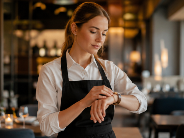 Uhr und Dienstplan in einem Gastronomiebetrieb zur Darstellung von Arbeitszeiten und Schichtplanung.