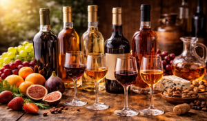 Verschiedene Süd-, Likör- und Dessertweine in kleinen Gläsern, serviert mit passenden Desserts und Trauben auf einem stilvoll gedeckten Tisch.