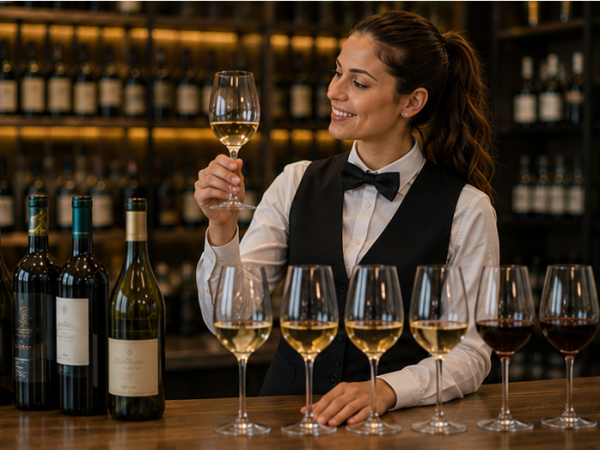 Sommelier prüft Farbe, Klarheit und Aroma eines Weins in einem Weinglas.