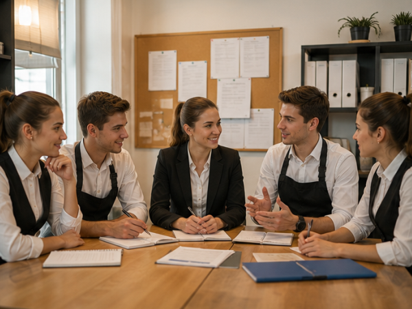 Auszubildende und junge Mitarbeitende diskutieren gemeinsam in einem Restaurantbetrieb über Arbeitsbedingungen und Ausbildungsthemen.