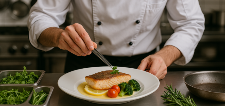 Koch filetiert frischen Fisch und richtet ein Fischgericht in einer Profiküche an