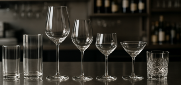 Verschiedene saubere Gläser werden in einer Gastronomieumgebung poliert und bereitgestellt