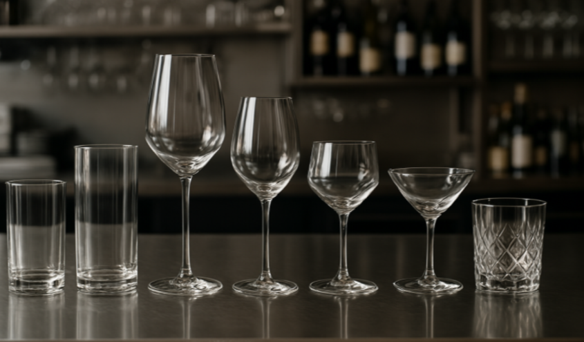 Verschiedene saubere Gläser werden in einer Gastronomieumgebung poliert und bereitgestellt