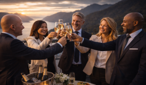 Mitarbeiter feiern auf einem Incentive-Event mit Getränken und guter Stimmung